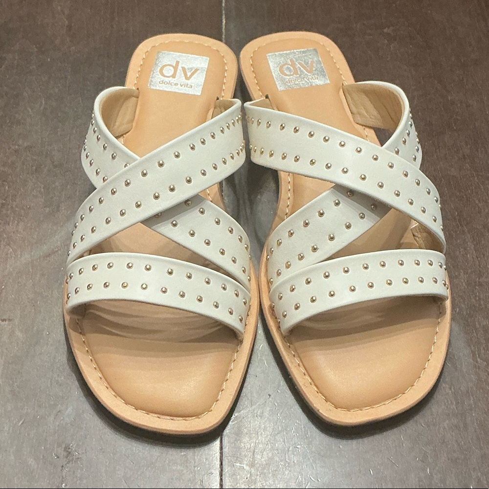 DV by Dolce Vita ivory Crisscross gold Studded Slide Sandals